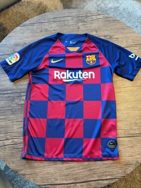 Authentic Nike Kids FC Barcelona Checker Soccer Jersey - Blue & Red Checker